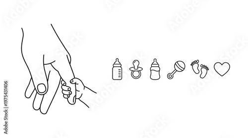 Minimalist line drawing of adult hand holding baby hand with bottle, pacifier, rattle, footprints, heart, nurturing love.