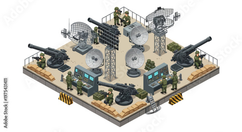 Isometric 3D illustration presents a military headquarters, complete with radar installations, gun emplacements, and personnel at control panels, set against a neutral backdrop