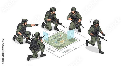 Isometric 3D illustration of a military strategy session, showcasing armed soldiers analyzing a map on a white background, depicting planning and logistics in a detailed isometric military