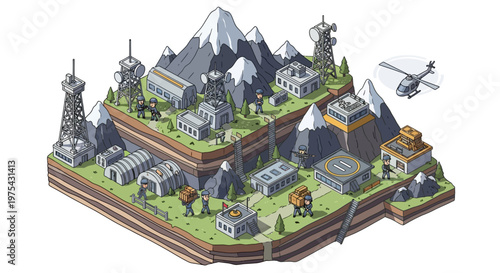Isometric illustration shows a detailed military base with barracks, communication towers, and a naval dockyard situated near snow-capped mountains, rendered with a strategic, top-down
