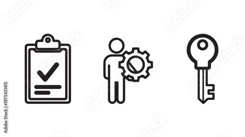 Business Icons Set Including Clipboard With Checklist, Person With Gear, And Key On White Background For Business Concepts