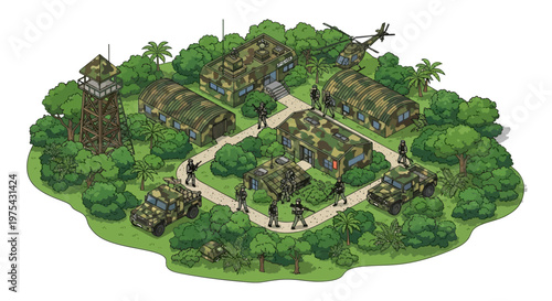 Isometric 3D illustration showing a military base with barracks, a watchtower, vehicles, and soldiers amidst dense vegetation, presented in a strategic planning layout with a focus on army