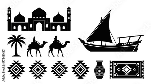 Black silhouette vector of Islamic architecture, camels, palm tree, dhow boat, mandala patterns, rug, vase, cultural Arabic design.