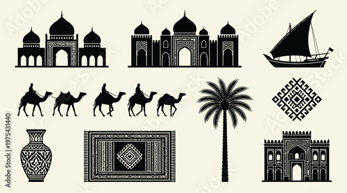 Black silhouette vector of Islamic architecture, camels, palm tree, dhow boat, mandala patterns, rug, vase, cultural Arabic design.