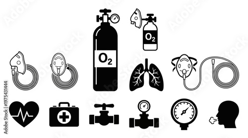 Black silhouette vector of oxygen tank, lungs, heart ECG, mask, medical kit, droplet, exhaling head, respiratory health symbols.