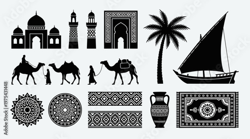 Black silhouette vector of Islamic architecture, camels, palm tree, dhow boat, mandala patterns, rug, vase, cultural Arabic design.
