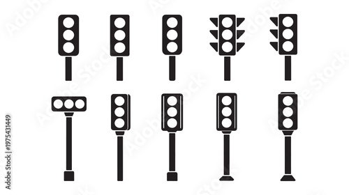 Traffic Signal Pole Silhouette Icon Set – 10 Minimal Black Vector Designs Art & Illustration