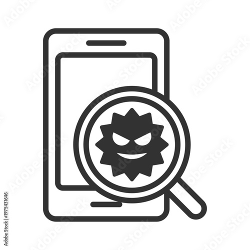 スマートフォンウイルス感染虫眼鏡診断アイコン｜マルウェア・・セキュリティリスク