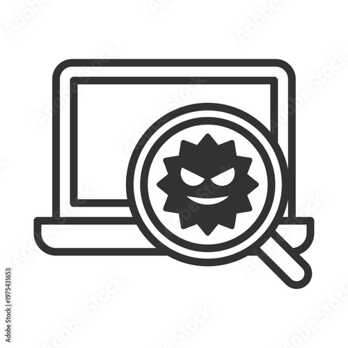 ノートパソコンウイルス感染虫眼鏡診断アイコン｜マルウェア・・セキュリティリスク