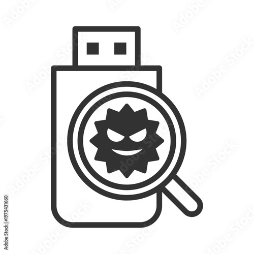 USBメモリウイルス感染虫眼鏡診断アイコン｜マルウェア・・セキュリティリスク