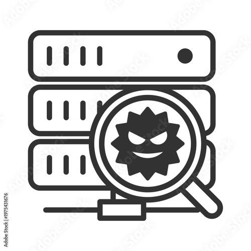 サーバーウイルス感染虫眼鏡診断アイコン｜マルウェア・・セキュリティリスク