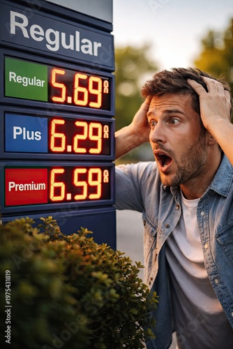 Shocked man reacting to high fuel prices at gas station with digital display showing increased gasoline costs