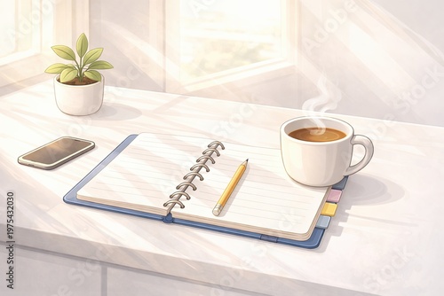 Morning Inspiration: Cozy Workspace with Open Notebook, Pencil, and Steaming Coffee in Sunlit Room