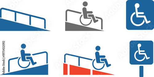 Accessibility icons for handicap ramps and signs, wheelchair access symbol, inclusive design signage