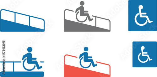 Accessibility icons for handicap ramps and signs, wheelchair access symbol, inclusive design signage