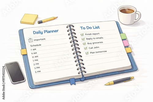 Illustration of a Daily Planner with To-Do List Featuring Tasks and Schedule for Time Management and Productivity