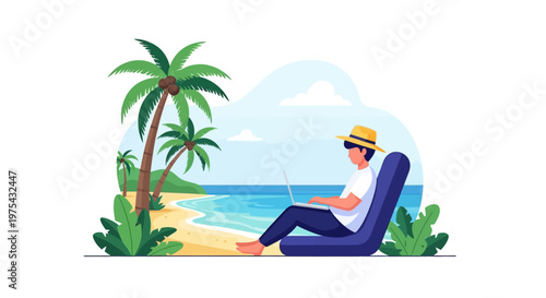 A young man working remotely on a laptop while sitting on the beach. EPS Editable. Vector Illustrations.