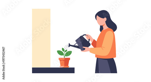 A young woman carefully watering a potted green plant. EPS Editable. Vector Illustrations.