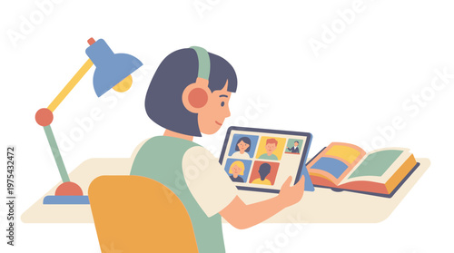 A young student attending online classes with a tablet and headphones. EPS Editable. Vector Illustrations.