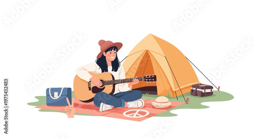 A young woman playing acoustic guitar in front of a camping tent. EPS Editable. Vector Illustrations.