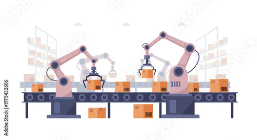 Automated production line with robotic arms handling cardboard boxes. EPS Editable. Vector Illustrations.