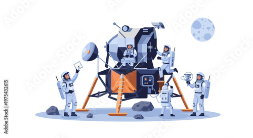 Astronauts conducting scientific research on the moon with lunar module. EPS Editable. Vector Illustrations.