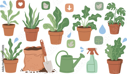 Gardening and houseplant illustration set featuring potted plants, watering tools, and care elements, colorful vector collection isolated on white background for home, hobby, and design