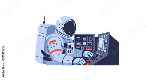 Astronaut working at a control console in space. EPS Editable. Vector Illustrations.