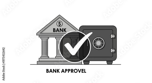 Bank approval icon with building and safe deposit box. EPS Editable. Vector Illustrations.