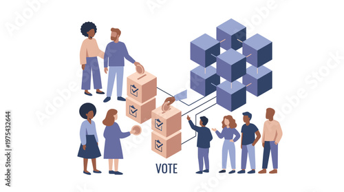 Blockchain technology for secure electronic voting system with diverse people. EPS Editable. Vector Illustrations.