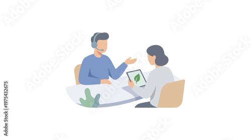 Business colleagues discussing sustainability and green technology projects. EPS Editable. Vector Illustrations.