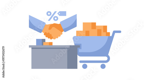 Business Deal Concept Illustration Featuring Handshake Discount and Shopping Cart. EPS Editable. Vector Illustrations.