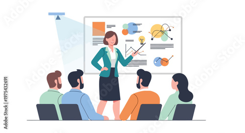 Business presentation meeting with professional woman speaker and audience. EPS Editable. Vector Illustrations.