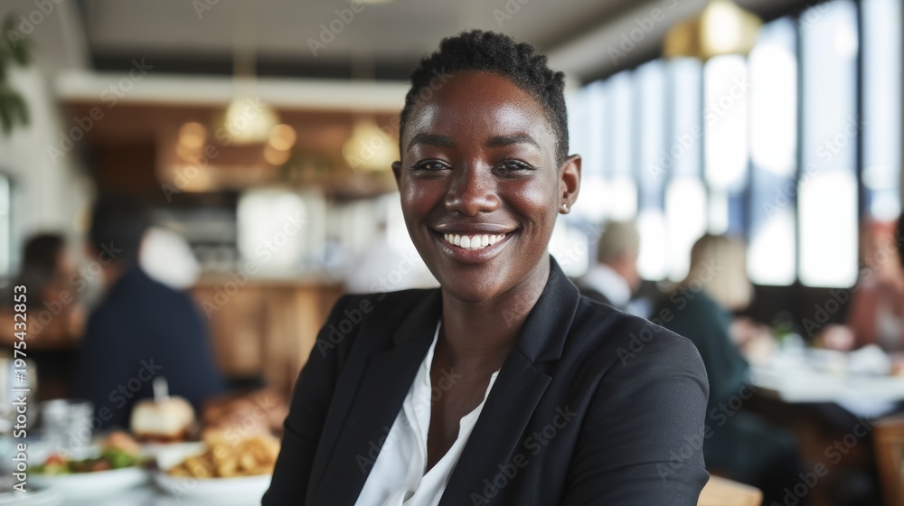 Obraz premium Young Professional Woman Smiling in Restaurant