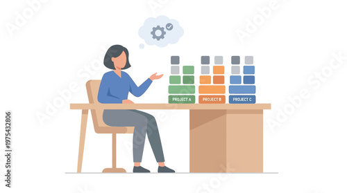 Business woman organizing files and data at her office desk. EPS Editable. Vector Illustrations.