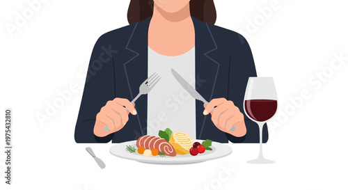 Business woman having a gourmet dinner with wine. EPS Editable. Vector Illustrations.
