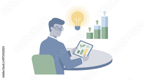 Businessman analyzing financial growth and business ideas on a tablet. EPS Editable. Vector Illustrations.