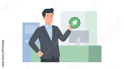 Businessman presenting a green eco friendly certification seal in office. EPS Editable. Vector Illustrations.