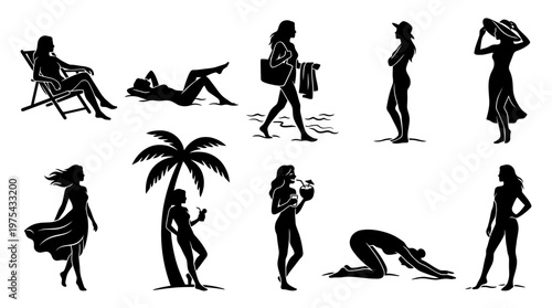 10 Woman Relaxing on Beach Silhouette Vector Pack – Summer Aesthetic Lifestyle SVG Collection