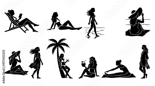 10 Woman Relaxing on Beach Silhouette Vector Pack – Summer Aesthetic Lifestyle SVG Collection