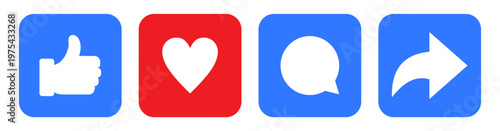 Like, comment, share icon buttons and Thumbs up and love heart flat icon in modern circle shapes , Social media notification icons. emoji post reactions set. Vector illustration.