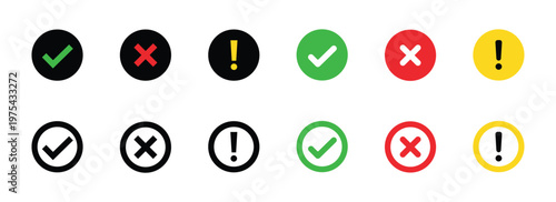Check mark cross and warning icon button set with checkbox right wrong and exclamation symbols, colorful and outline circle styles vector illustration