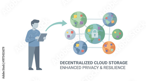 Decentralized cloud storage concept with user and global network illustration. EPS Editable. Vector Illustrations.