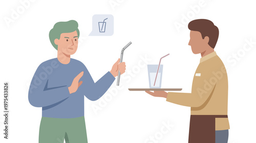 Customer Refusing Plastic Straw in Restaurant Service. EPS Editable. Vector Illustrations.