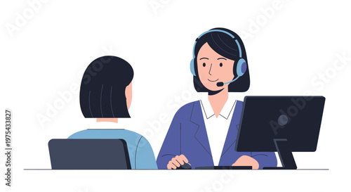 Customer service representative assisting a client in a professional office setting. EPS Editable. Vector Illustrations.