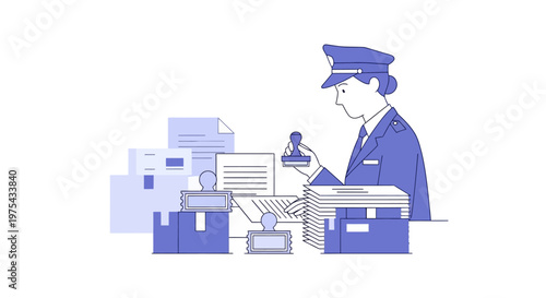 Customs officer stamping official documents at a shipping logistics desk. EPS Editable. Vector Illustrations.
