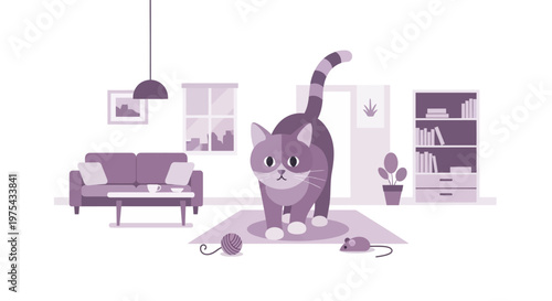 Cute cartoon cat standing in a living room with toys. EPS Editable. Vector Illustrations.