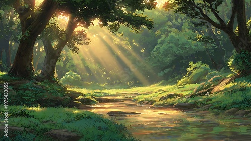Anime style illustration of a peaceful forest stream illuminated by bright golden sunbeams piercing through the dense green canopy above. The magical morning light creates beautiful