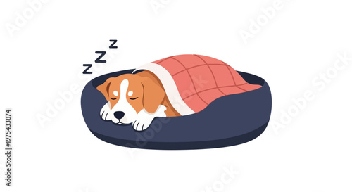 Cute puppy sleeping soundly in a cozy bed with a warm blanket. EPS Editable. Vector Illustrations.