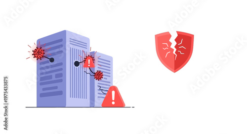 Cybersecurity Breach Concept Illustrating Server Infrastructure Attack and Broken Shield Protection. EPS Editable. Vector Illustrations.